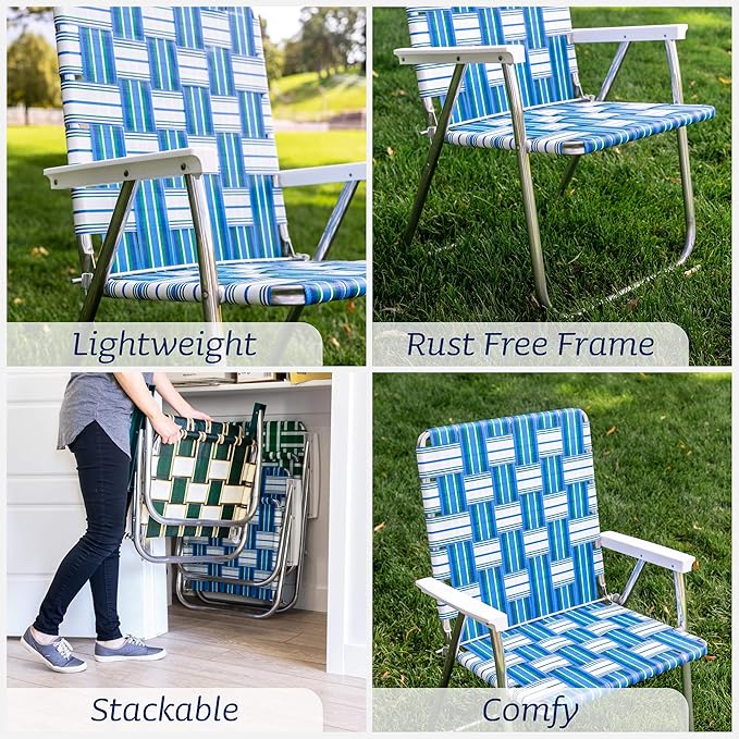 Lawn Chair USA Folding Aluminum Outdoor Patio Lawn Chair | Heavy-Duty Webbed Chairs for Camping, Sports, Beach, Yard & Tailgating | Lightweight Portable | Classic - Blue Sands with Blue Arms